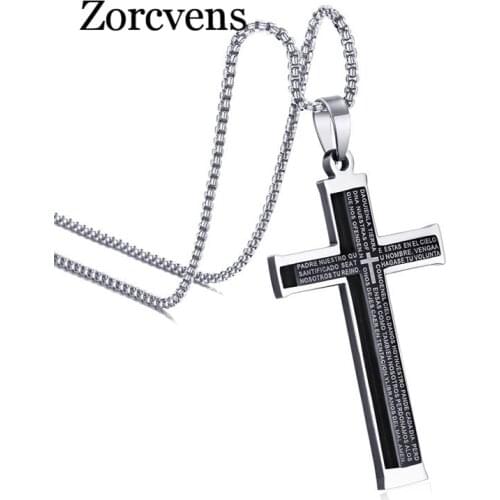ZORCVENS Unisex Stainless Steel Espana Bible Prayer Necklace Cross Pendant for Mens Womens Black 24 inch Chain