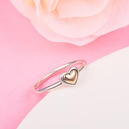 CKK Domed Golden Heart Ring Women Anel Feminino 100% 925 Jewelry Sterling Silver Anillos Mujer Wedding Engagement