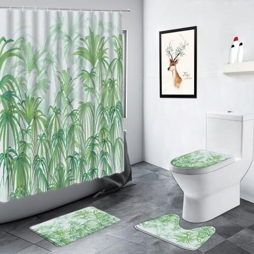 Floral Green Leaves Shower Curtain Tropical Plant Flowers Grass Scenery Decor Bathroom Toilet Mat Non-slip Carpet Bath Mats Sets