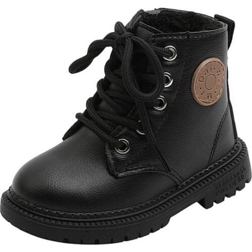 CAPSELLA KIDS Martin Boots Winter 1-6 Years Boys Girls Leather Boots Plush Children Fashion Waterproof Non-slip Shoes Size 21-30