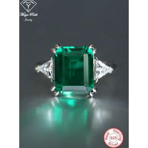 Lab Created Emerald Gemstone Trilogy Ring Green Real 925 Sterling Silver Party for Women Anniversary Gift Aesthetic Female Charm