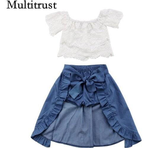 Citgeett Summer Girl Kid Lace White Off shoulder T-shirt Top Princess Denim Fashion Skirt Party Summer Set Outfits