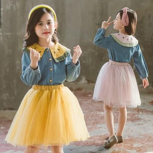 2020 Spring Sweet Girls Denim Clothing Set Children Watermelon Denim Shirt Mesh Skirt 2pcs Clothes Sets
