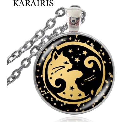 KARAIRIS White and Black Cat Pendant Necklace YIN YANG Cat Necklace Women Man Vintage Chain Choker Statement Necklace Jewelry