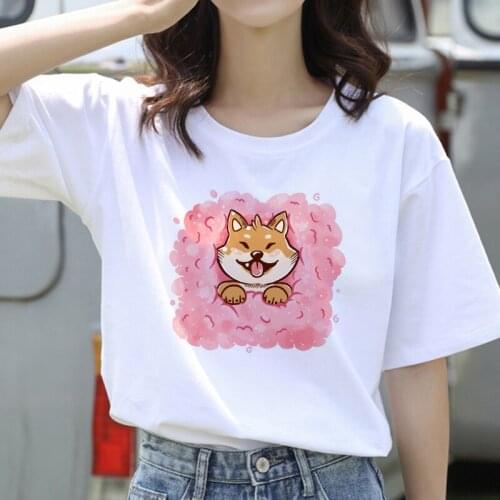 Casual Women T Shirt Dog Graphic Print Summer Short Sleeve 2020 Fashion Cotton Tshirts Kawaii Cute Girls Top Tee T-Shirts White