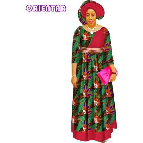 Casual African Dresses for Women African Print Robe Africaine High Waist Ankara Dresses with Headtie African Clothes WY3435
