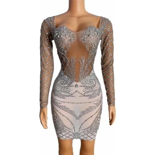 Luxury Rhinestone Wedding Party Dress Women Long Sleeve Nude Birthday Celebration Crystal Dress Nightclub Singer Bodycon Dress