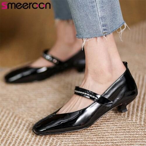 Smeeroon 2021 New Fashion Single Shoes Women Pumps Patent Leather Crystal Square Toe Comfortable Sweet Casual Shoes Ladies