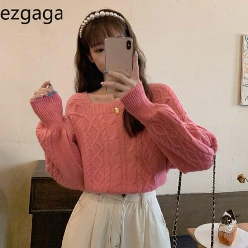 Ezgaga Square Collar Sweater Women Autumn 2021 New Vintage Outwear Loose Cropped Pullover Long Sleeve Knitwear Solid Casual