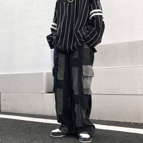 Street Plaid jeans mens fashion brand drop feeling wide leg high street Harajuku style work clothes