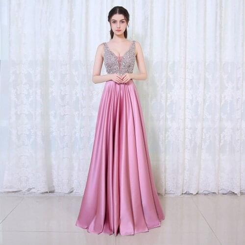 Evening Dress V Neck High Quality Bridesmaid Dress Evening Gown Zipper Straps Sequins Satin Sheer Backless HB001