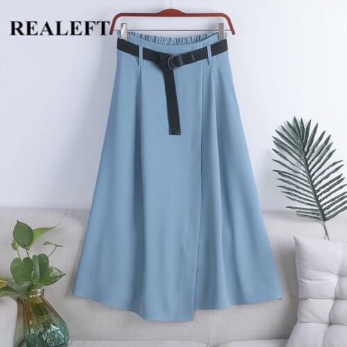 REALEFT 2021 New Spring Summer Solid Womens Long Skirts with Belted High Waist Vintage A-Line Female Umbrella Skirts Ladies