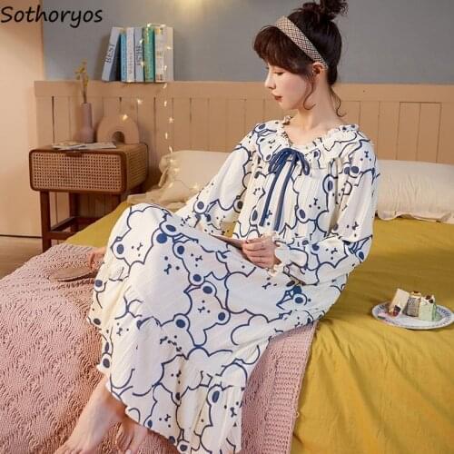 Women Full Sleeve Nightgowns Loose Printed Sweet Girls Cozy Large Size Sleepshirts M-4XL Mid-calf Females Home-wear Chic Lounge
