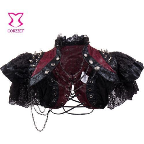 Vintage Black/Red Rivet Faux Leather Steampunk Jacket Women Gothic Bolero Coat With Sequin Lace Butterfly Short Sleeve Jackets