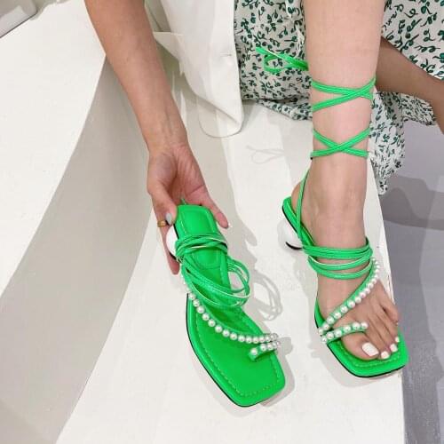 Ankle Strap Womens Sandals Candy Color Summer Sandals Set Toes Round Heel Square Toe Pearl Womens Shoes Solid Color High Heels