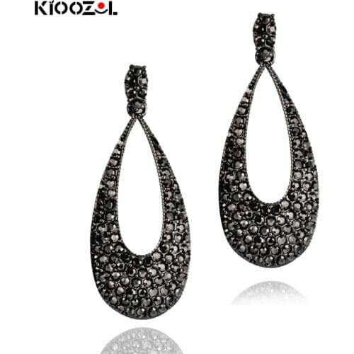 KIOOZOL Vintage Hollow Water Drop Black Gun Silver Color Full Cubic Zircon Drop Earrings for Women Statement Jewelry 121 KO5
