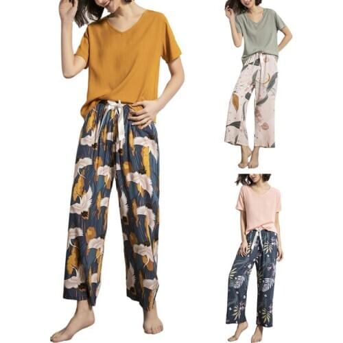 Women Summer 2 Piece Pajamas Set Color Short Sleeve V-Neck Pullover Tops Floral Long Pants Sleepwear Bowknot Home Loungewear