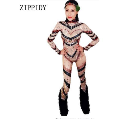 2019 Fashion Skinny Nude Female Singer Dancer Costume One-piece Bodysuit Nightclub Oufit Party Leggings