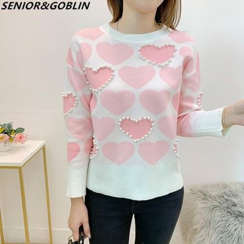2020 New Autumn Spring Sweet Love Print Beads Pullover Top Sweater Women Long Sleeve Love Heart Short Sleeve O-neck Tops