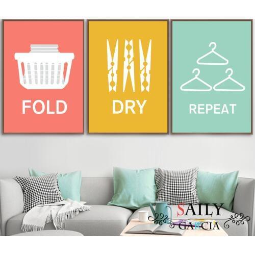 Cartoon Canvas Painting Wash Fold Repeat Dry Laundry Quotes Art Posters And Prints Wall Picture For Washroom Bathroom Decor