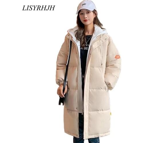 LISYRHJH 2021 Snow Wear Long Winter Coat Women Spliced Hooded Warm Parkas Female Hooded Padded Winter Jackets Women Clothing