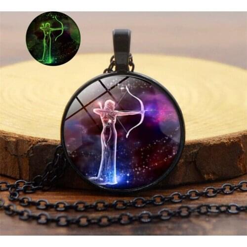 12 Constellation Black Chain Glass Dome Luminous Pendant Necklace Women Men Fashion Jewelry Charm Glowing Necklace Gift 2019