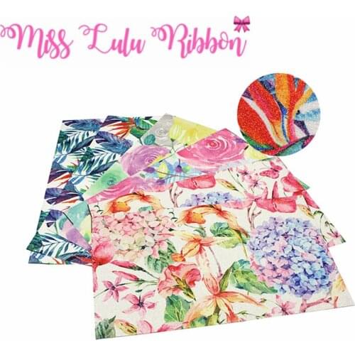 8x13 inch (20x34cm) Printed Glitter Vinyl Ribbon Cut Piece 60Pcs Flower Series Watercolor Yellow Rose DIY Hair Bowknots Making