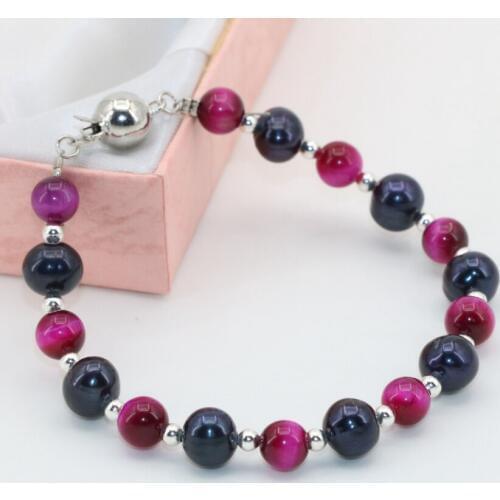 Free shipping original antique style 7-8mm black round beads natural 6mm red tiger stone bracelets jewelry 7.5inch B2749