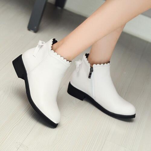 Big Size 11 12 13 14 15 16 17 Round-headed, thick-heeled, low-heeled, bow-tied, side zipper, short-barreled fashion boots