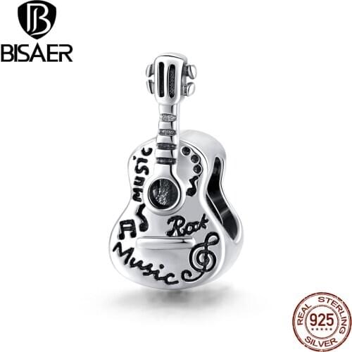 BISAER 925 Sterling Silver Simple Guitar Charms Musical instrument Beads fit Bracelet for Silver 925 Jewelry Making ECC1708