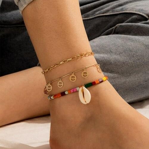 Docona 3pcs Charm Colorful Beaded Shell Foot Chain for Women Trendy Geometric Love Tassel Anklets Set Boho Beach Jewelry 15906