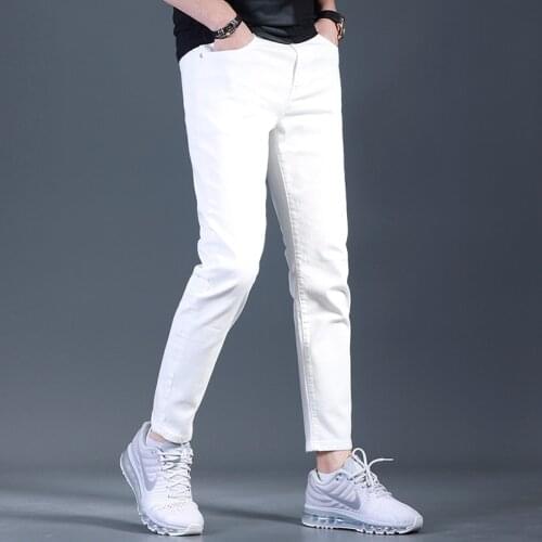 2021 Summer Men White Jeans Casual Stretch Ankle-Length Pants Streetwear Letter Printed Denim Trousers