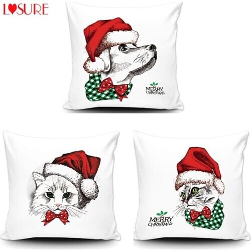 Cat Dog Santa Hat Chrismas Pillow Cover Decorative Cushion Cover Home Decor Pillowcase Gift For Seat by LVSURE