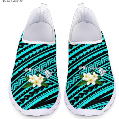 ELVISWORDS Polynesian Hibiscus Flower Pattern Comfortable Ladies Sneakers Flats Breathable Air Mesh Sneakers for Woman Loafers