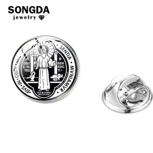SONGDA Saint Benedict Nursia Patron Medal Cross Lapel Pin Transparent Crystal Glass Cabochon Brooch Pin Icon Badge for Christian