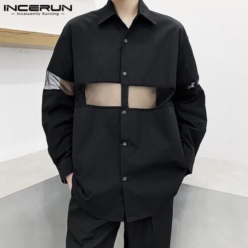 Fashion Men Shirt Turn Down Collar Long Sleeve Streetwear Mesh Patchwork Blouse 2021 Casual Korean Tops Camisas INCERUN S-5XL