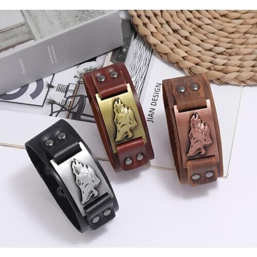 Fashion Wolf Viking Bracelet Wide Wrap Genuine Leather Bracelets Men Retro Adjustable Wristband Women Jewelry