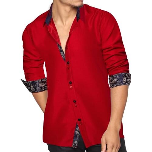 Men Shirt Long Sleeve Red Solid Blue Paisley Color Contrast Fashion Dress Shirt For Men Button-down Collar Casual Shirts DiBanGu