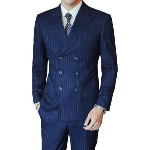 Stripe Blazer Suit Mens British Style Slim Fit Double Breasted Business Formal Wedding Dress Jacket Pants Vest 3 Sets Set