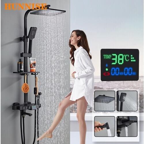 Shower Set Luxury Thermostatic Shower Mixer Set Black Bronze Bathroom Digital Shower Faucet System Rainfall Hand Shower Head