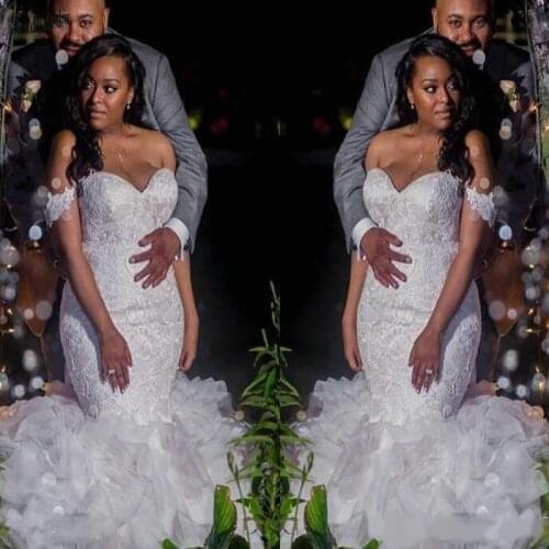 African Off-Shoulder Mermaid Wedding Dresses Wedding Dresses Arabic Cascading Ruffles Plus Size SEXY Mermaid Bride Dress robe de