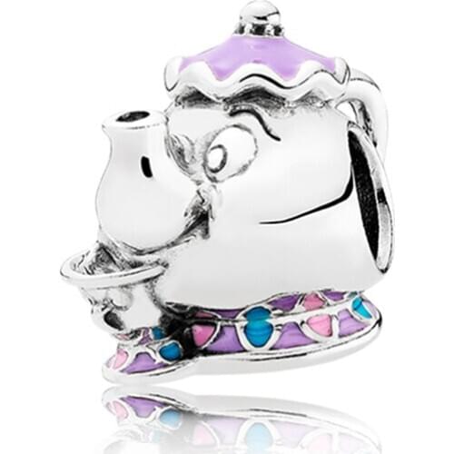 Fit Original Pan Charms Bracelet Cartoon Purple Enamel Disny Traditions Mrs. Potts Smile Teapot Beads Women Jewelry DIY Berloque
