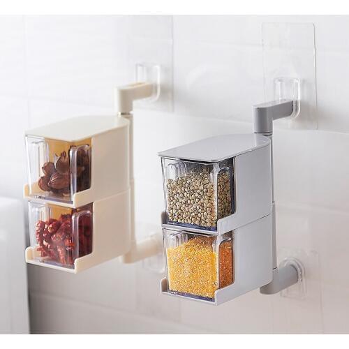 BF040 Kitchen Seasoning Box Pasted wall hanging rotary flavoring box with spoon 2layers Spice Jar box 6.5*10.5*18cm
