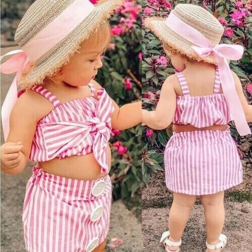 Pudcoco 2020 Summer Baby Girl Clothes Stirped Crop Top Vest+Short Skirt+headband 3pcs Outfits Clothes