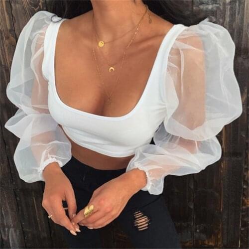 2021 Fashion Sexy Sheer Mesh Patchwork Crop Top Long Puff Sleeve Bodycon Shirt Office Lady Club Wear Streetwear Outdoor Outfits