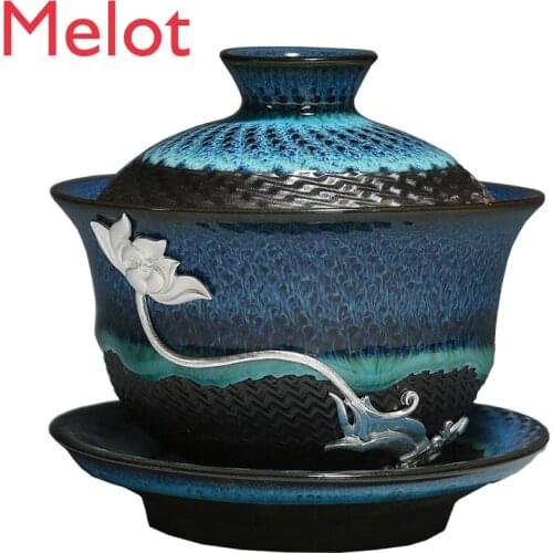 High-End Luxury Chinese Noble Ceramic Cover Teacup Home Creative Temmoku Glaze Tea Brewing Bowl Tea Set