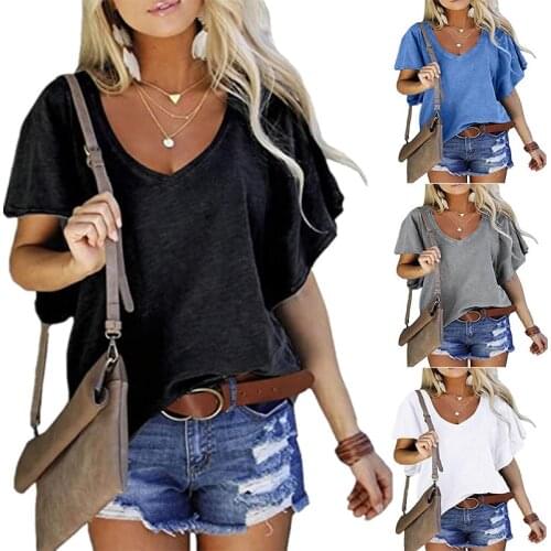 2021 New Summer Womens Tops V-Neck Cotton T Shirts Solidcolor Short Sleeve Tees Casual Loose Pius Size Femmel T-Shirt