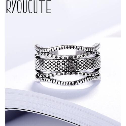 Personality Bohemian New Silver Color Big Rings for Women Gift Adjustable Size Antique Ring Wedding Jewelry Wholesale