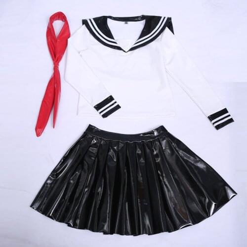 3Pcs/Set Wet Look Shiny PVC Dress Faux Latex PU Leather Japanese School Uniform Suits Sailor Cosplay Party Club Pleated Dresses