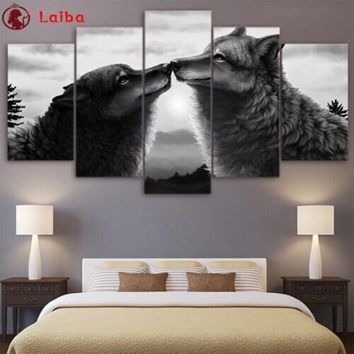 5pcs diy Diamond Painting Black and white animal art, wolf companion diamond mosaic full square drill diamond embroidery